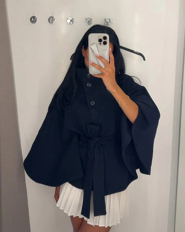 Drune | Hochkragen Gürteltaschen Cape Jacke Knopf Umhängemantel