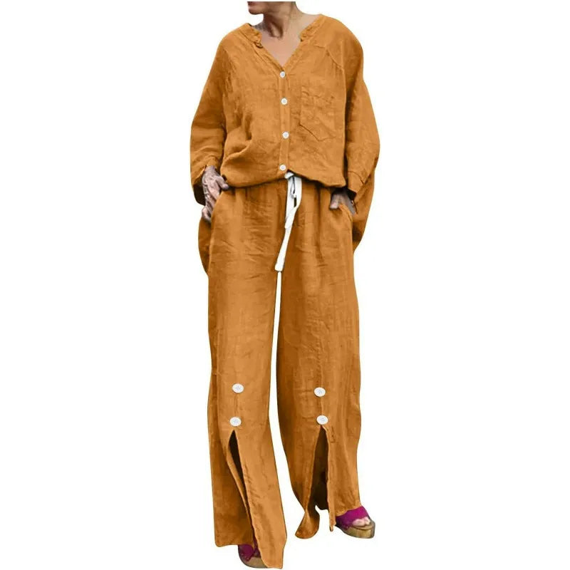 Drune | Satz mit Strickjacke und Weiten Hosen Lockerer Schnitt V-Ausschnitt Weicher Baumwollmix