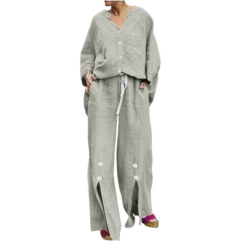 Drune | Satz mit Strickjacke und Weiten Hosen Lockerer Schnitt V-Ausschnitt Weicher Baumwollmix