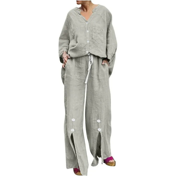 Drune | Satz mit Strickjacke und Weiten Hosen Lockerer Schnitt V-Ausschnitt Weicher Baumwollmix