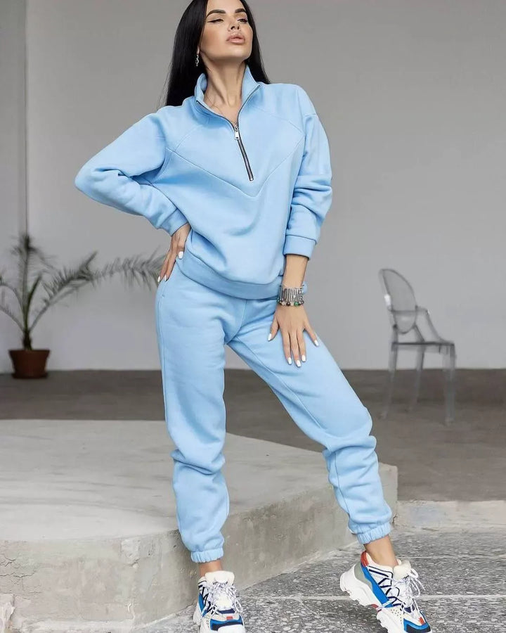 Drune | Loungewear Satz Fleece Lockere Passform Kapuzenpullover mit Halbem Reißverschluss Jogginghosen