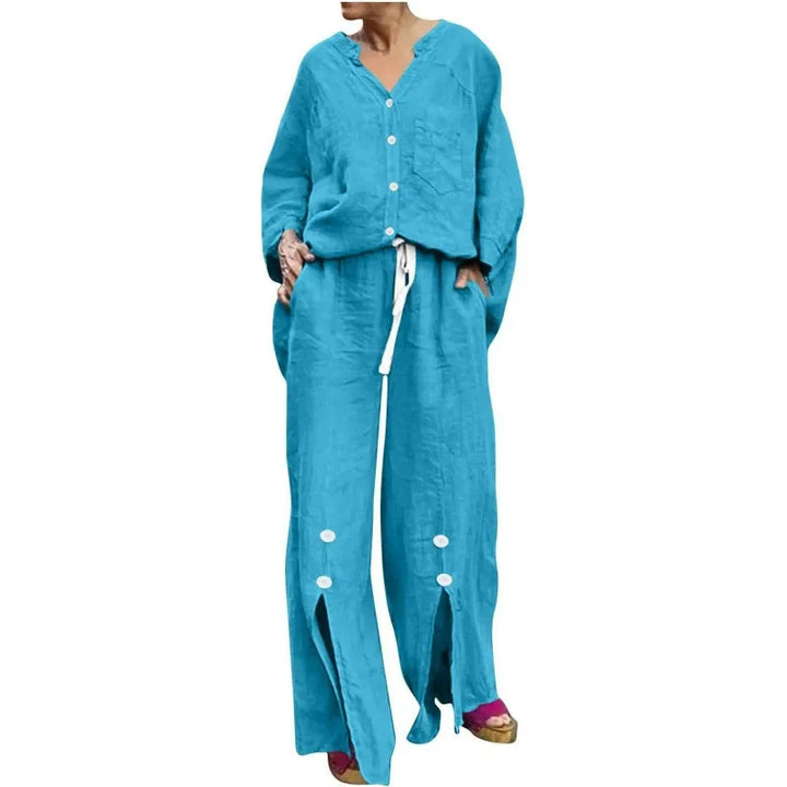 Drune | Satz mit Strickjacke und Weiten Hosen Lockerer Schnitt V-Ausschnitt Weicher Baumwollmix