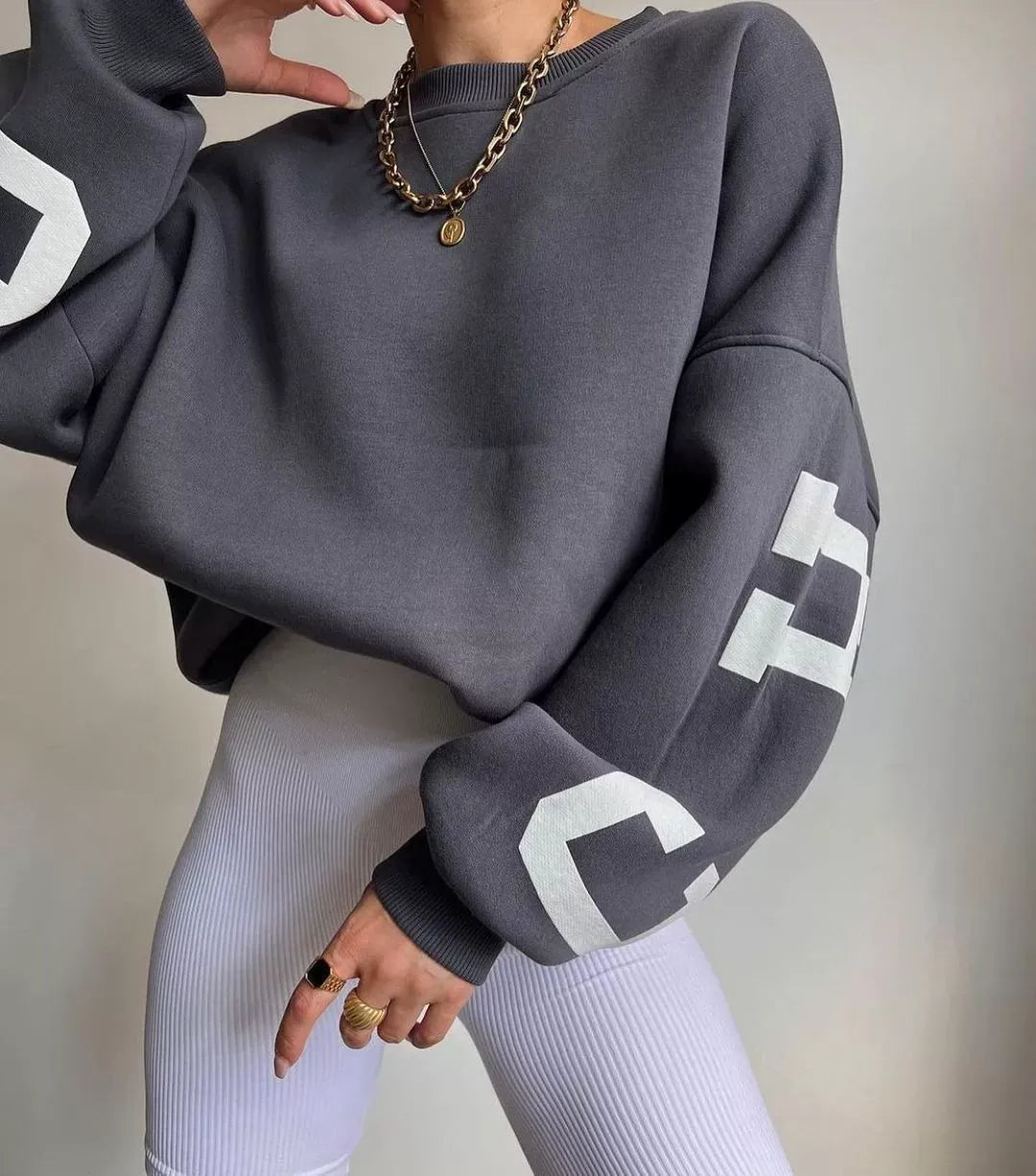 Drune | Übergröße Sweatshirt Baumwollmischung Lange Ärmel Grafisches Ärmel Detail