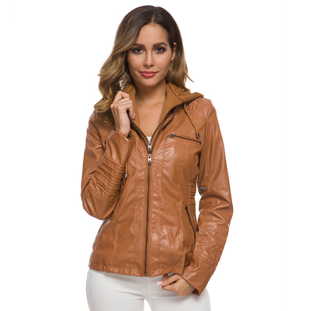 Drune | Lederjacke Slim Passform Kapuze Reißverschluss Taschen Steppdetails