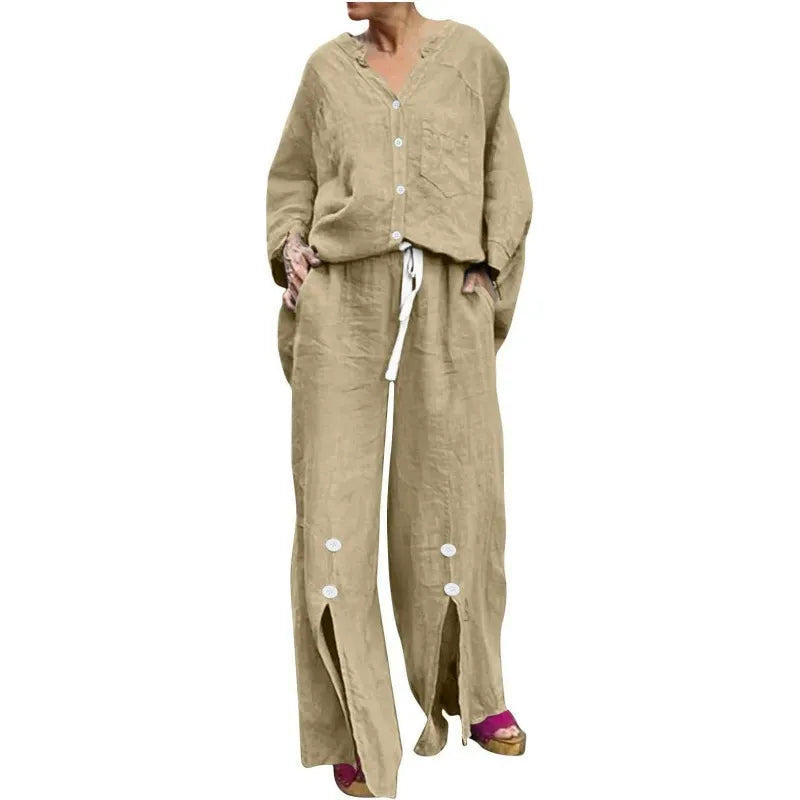Drune | Satz mit Strickjacke und Weiten Hosen Lockerer Schnitt V-Ausschnitt Weicher Baumwollmix