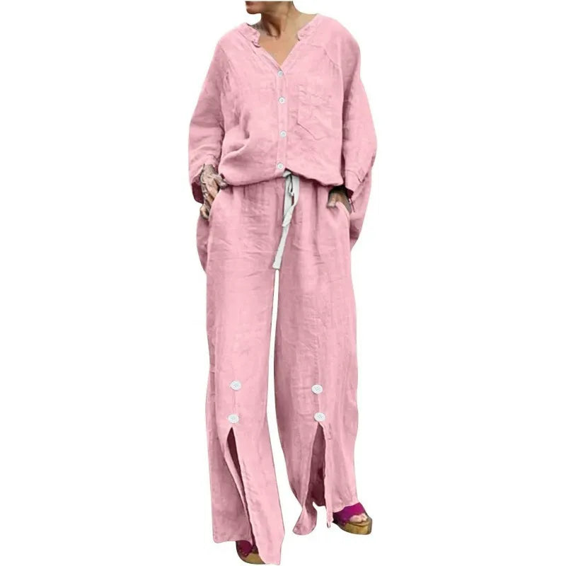 Drune | Satz mit Strickjacke und Weiten Hosen Lockerer Schnitt V-Ausschnitt Weicher Baumwollmix