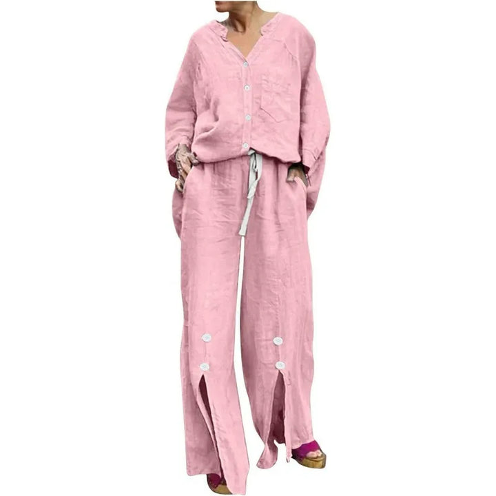 Drune | Satz mit Strickjacke und Weiten Hosen Lockerer Schnitt V-Ausschnitt Weicher Baumwollmix
