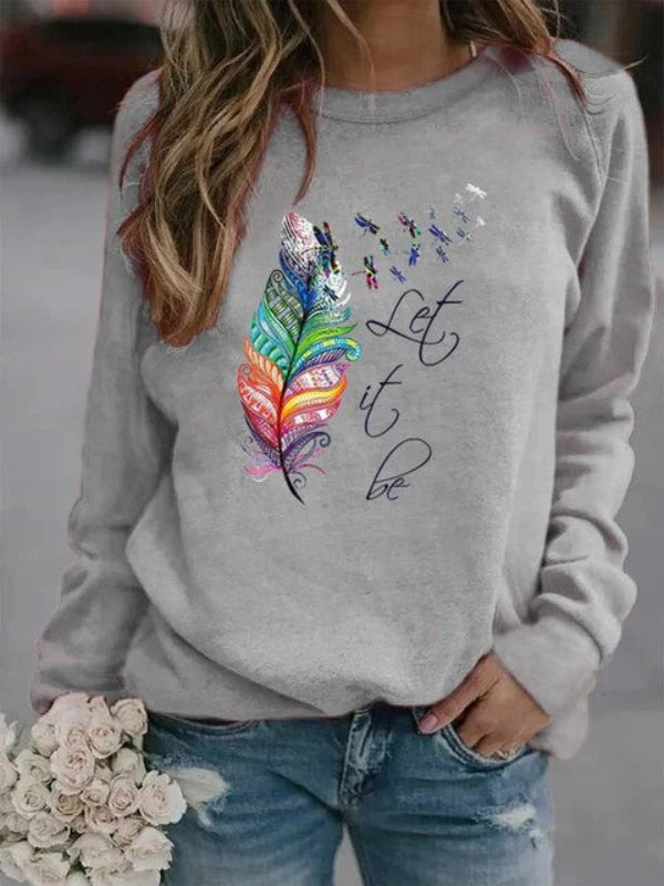 Drune | Pullover - Relaxed Fit - Baumwollgefühl - Feder Grafik - Langarm Freizeit