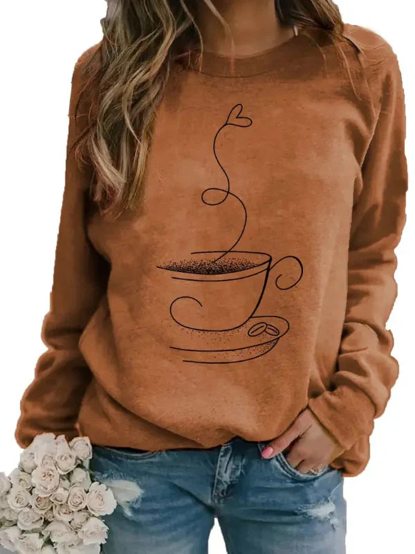 Drune | Sweatshirt - Relaxed Fit - Baumwollmix - Rundhalsausschnitt - Kaffeetassen-Grafikdruck