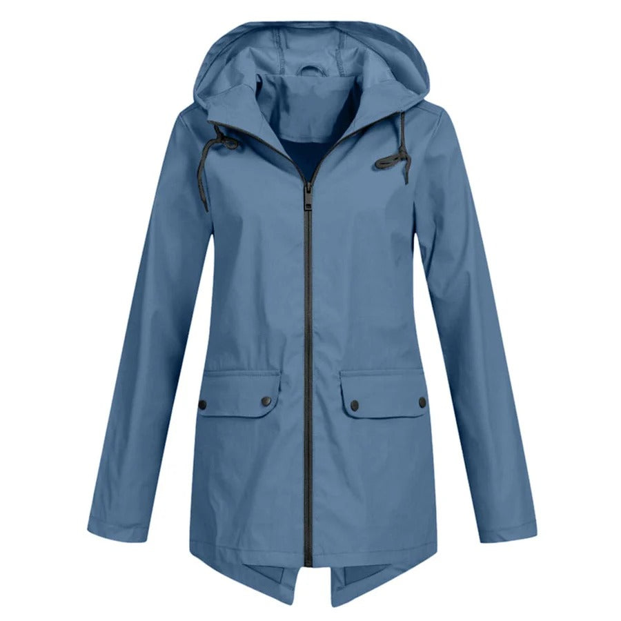 Drune | Regenjacke Lockere Passform Kapuze Wasserabweisend mittellang Reißverschluss und Taschen