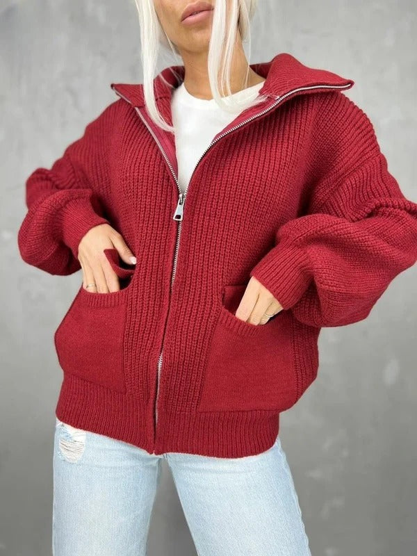 Drune | Strickjacke Lockerer Schnitt Strickdesign Rippstruktur Reißverschluss Klapptaschen
