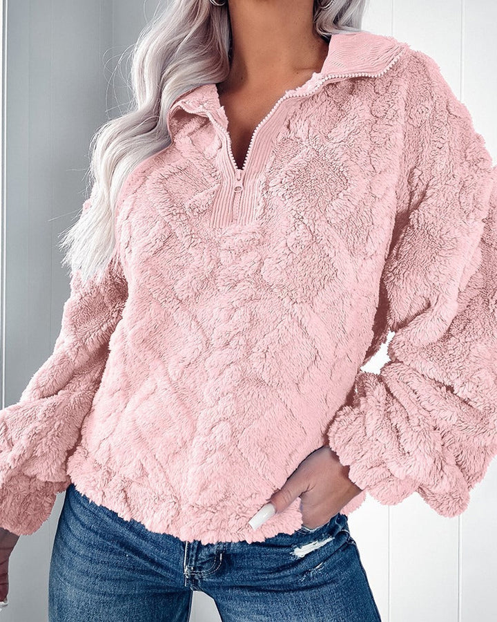 Drune | Pullover Sweatshirt Kunstfell Lockere Passform Gepolstert Halber Reißverschluss Lange Ärmel