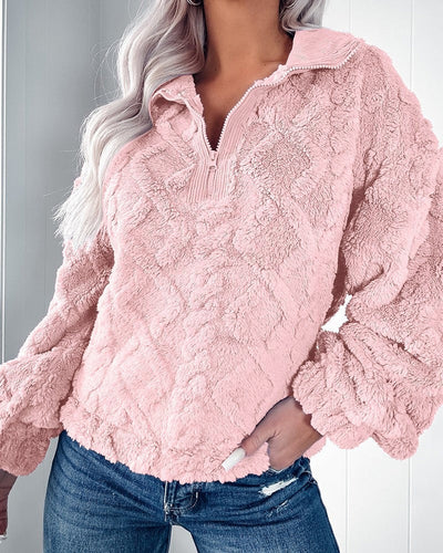 Drune | Pullover Sweatshirt Kunstfell Lockere Passform Gepolstert Halber Reißverschluss Lange Ärmel