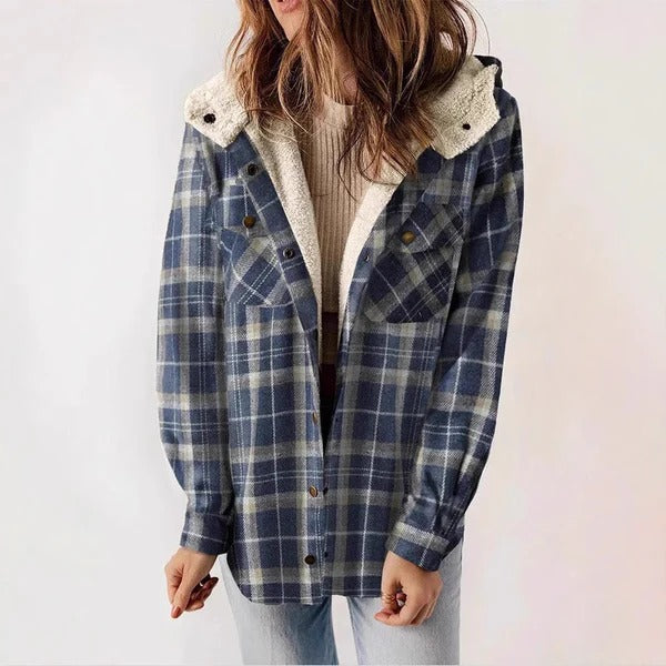 Drune | Shirt Karierte Fleece-Futter Entspannte Passform Kapuze Knopf Vorderseite
