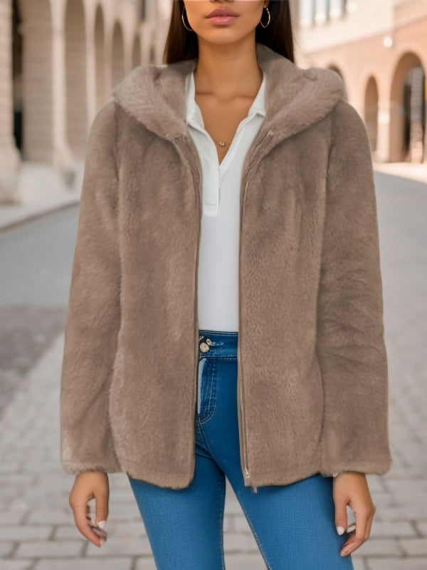 Drune | Weicher Damen Teddyjacke mit Kapuze und Reißverschluss