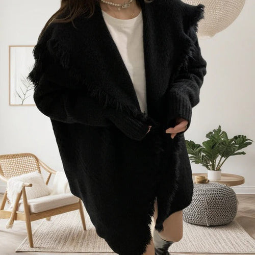 Drune | Strickjacke Gestricktes Material Übergröße Passform Fransen Kanten Offene Vorderseite