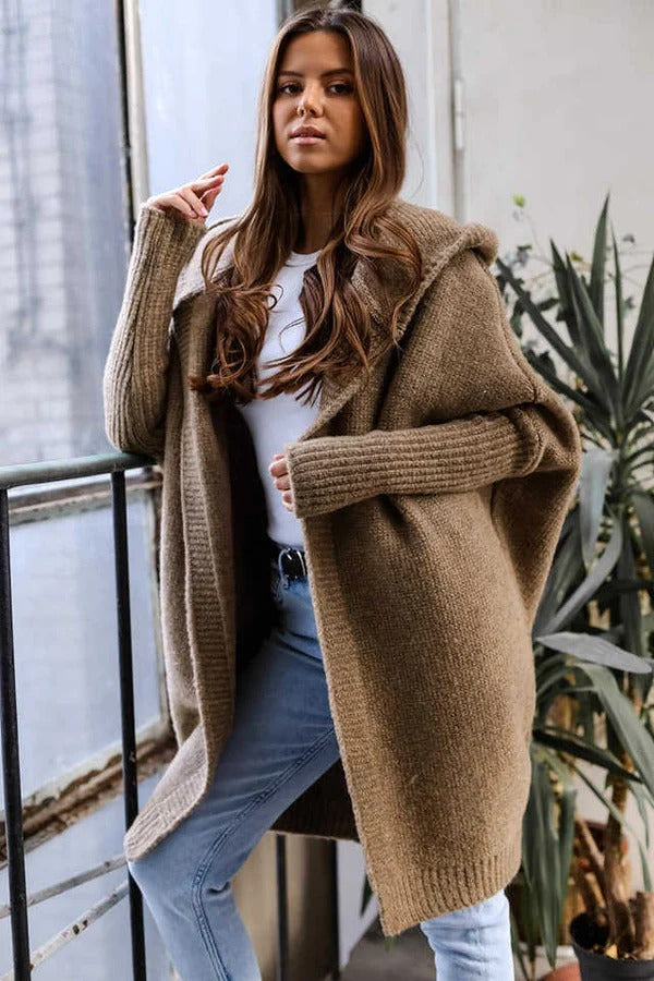 Drune | Strickjacke Gestrickt Übergröße Schnitt Kapuze Offene Vorderseite Gerippte Details