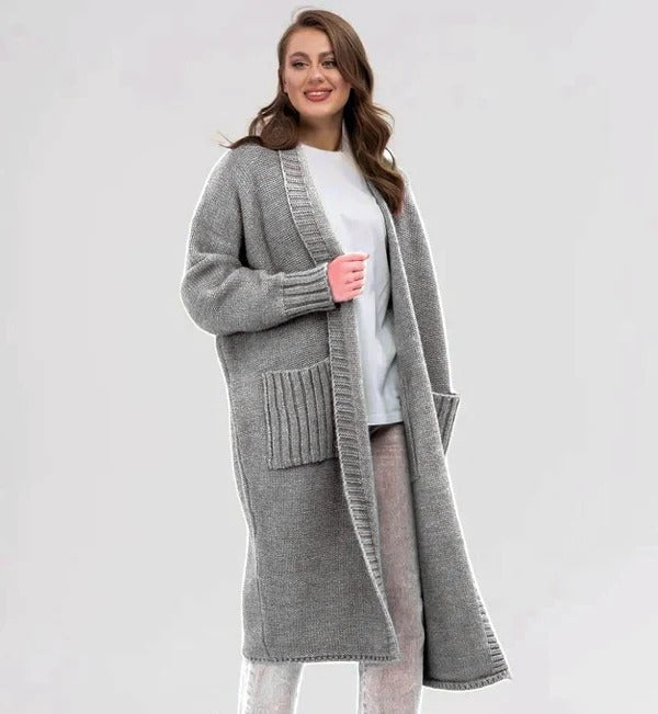Drune | Strickjacke Gestrickte Woll Optik Übergröße Passform Lang mit Großen Taschen