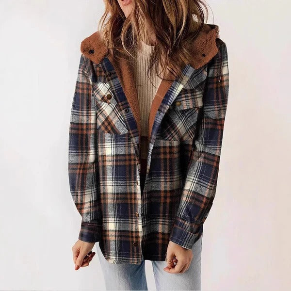 Drune | Shirt Karierte Fleece-Futter Entspannte Passform Kapuze Knopf Vorderseite