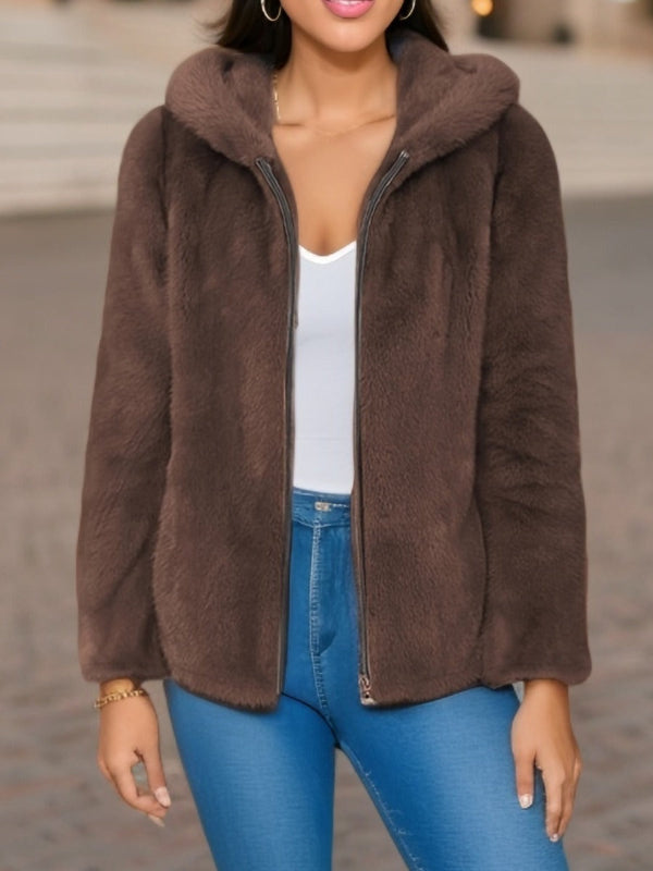 Drune | Weicher Damen Teddyjacke mit Kapuze und Reißverschluss