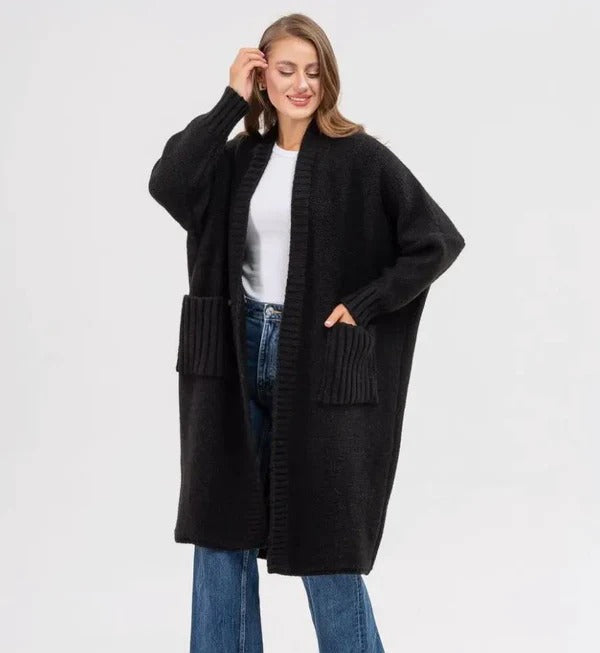 Drune | Strickjacke Gestrickte Woll Optik Übergröße Passform Lang mit Großen Taschen