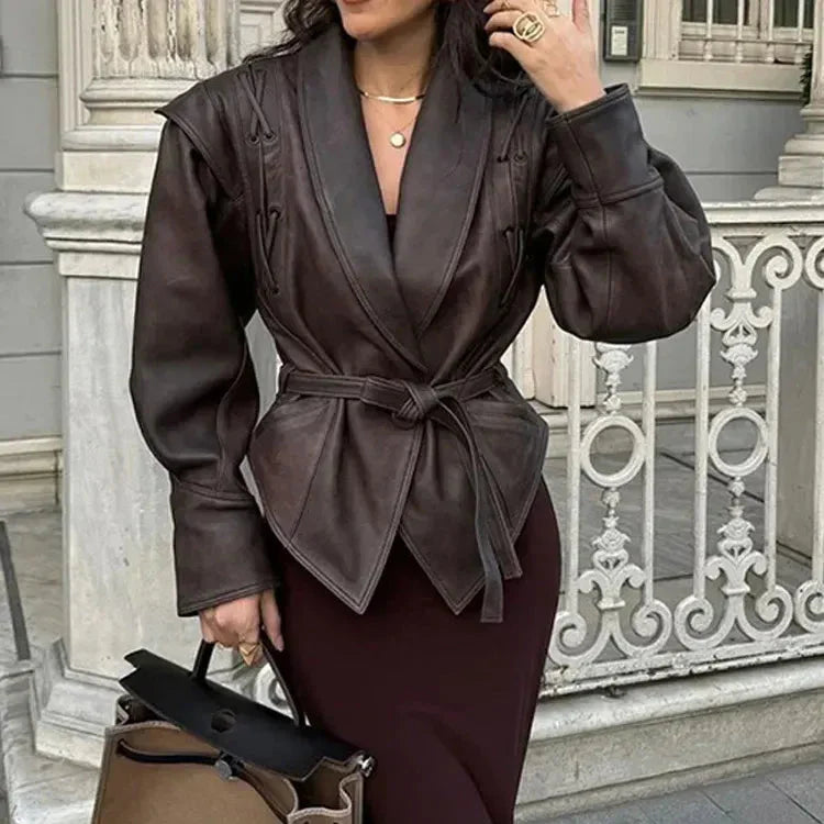 Drune | Damen Lederjacke Taillierte Passform mit Gürtel
