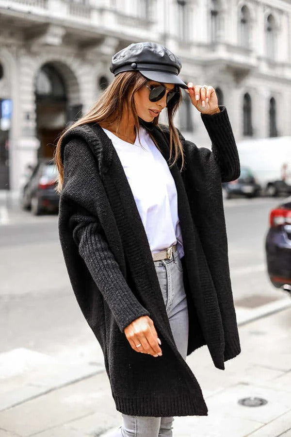 Drune | Strickjacke Gestrickt Übergröße Schnitt Kapuze Offene Vorderseite Gerippte Details