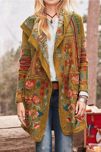 Drune | Damen Maßgeschneiderter Mantel – Entspannte Passform – Bestickte Wolle – Offene Vorderseite – Mittellang