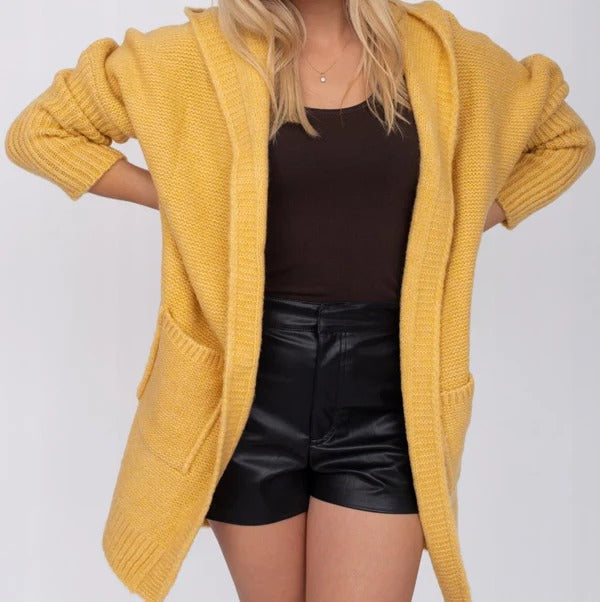 Drune | Strickjacke Übergröße Wollähnliche Strick Kapuze Offene Vorderseite Taschen