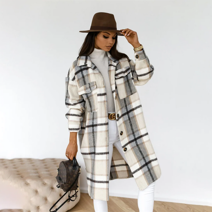 Drune | Lange Jacke Lockere Passform Karomuster Wollähnlich Weicher Stoff