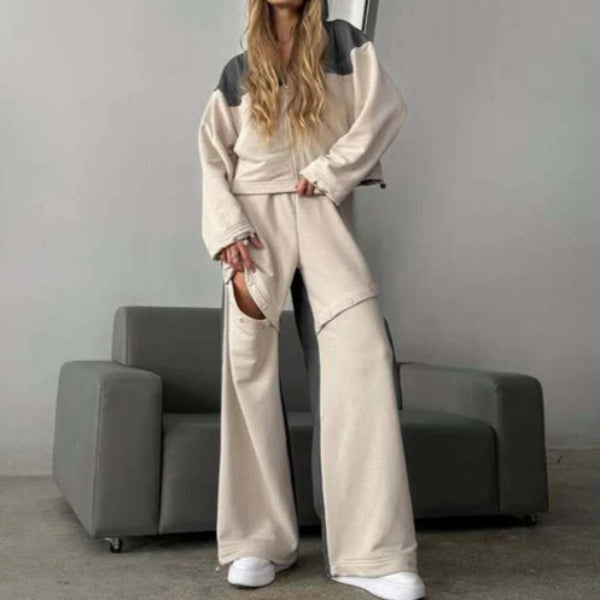 Drune | Set Lounge Kleid Kurzer Kapuzenpullover mit Reißverschluss Weite Baumwollhose