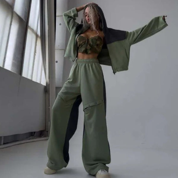 Drune | Set Lounge Kleid Kurzer Kapuzenpullover mit Reißverschluss Weite Baumwollhose