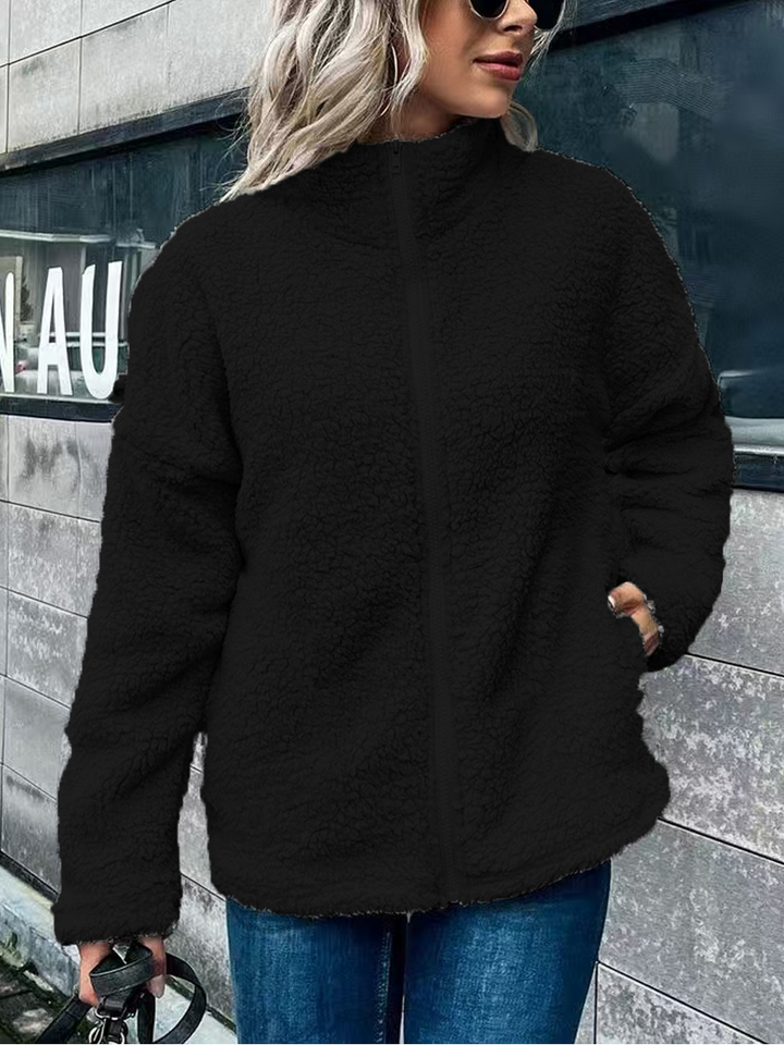 Drune | Damen Fleece Mantel – Oversized Schnitt – Wollmischung – Stehkragen – Reißverschluss vorne