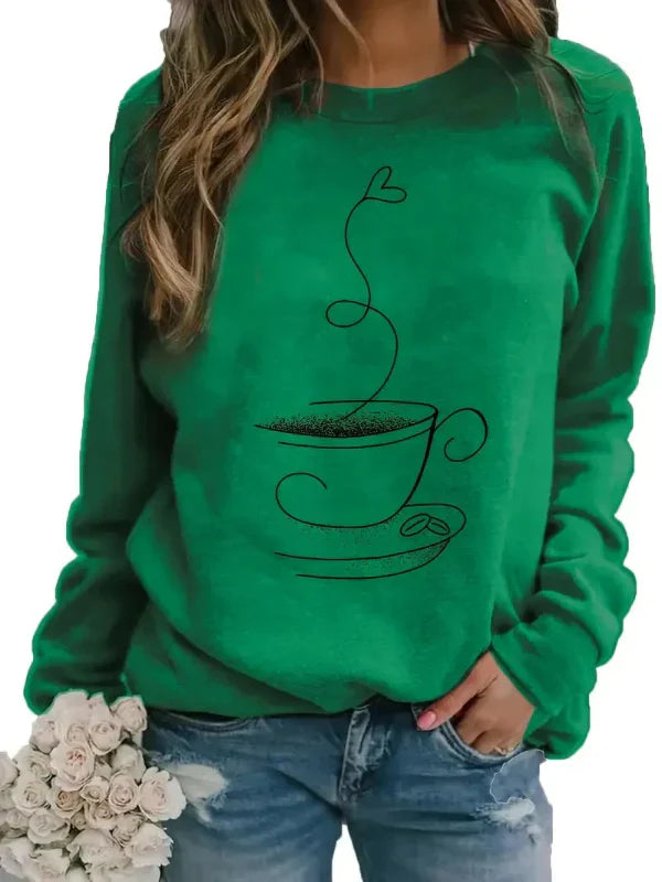Drune | Sweatshirt - Relaxed Fit - Baumwollmix - Rundhalsausschnitt - Kaffeetassen-Grafikdruck