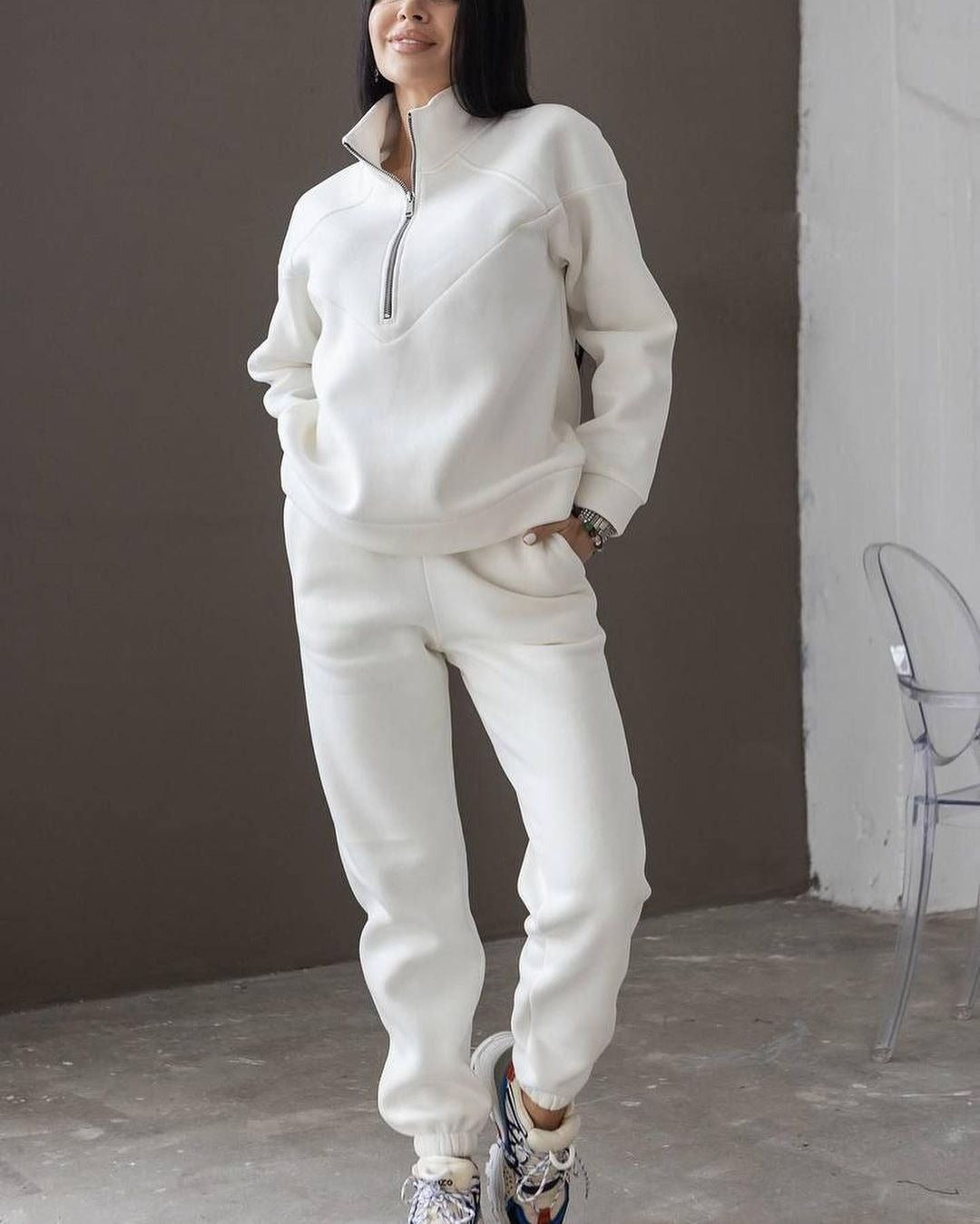 Drune | Loungewear Satz Fleece Lockere Passform Kapuzenpullover mit Halbem Reißverschluss Jogginghosen
