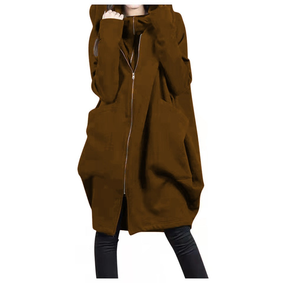 Drune | Mittellanger Mantel - Oversized Fit - Kapuze - Reißverschluss - Weicher Woll-Look