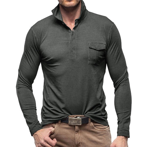 Drune | Henley Pique Shirt Slim Fit Lange Ärmel Baumwolle Brusttasche Stehkragen