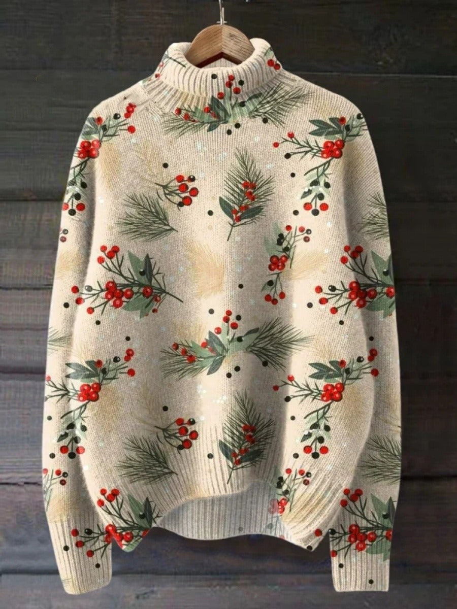 Drune | Rollkragenpullover - Wollstrick - Lockere Passform - Botanischer Festdruck - Geripptes Finish