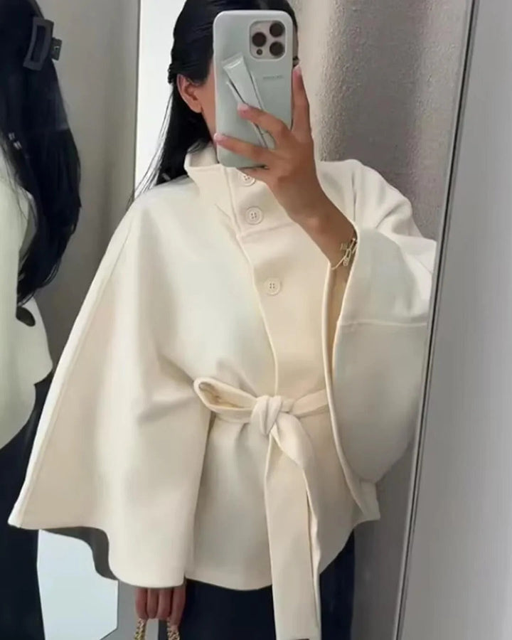 Drune | Hochkragen Gürteltaschen Cape Jacke Knopf Umhängemantel