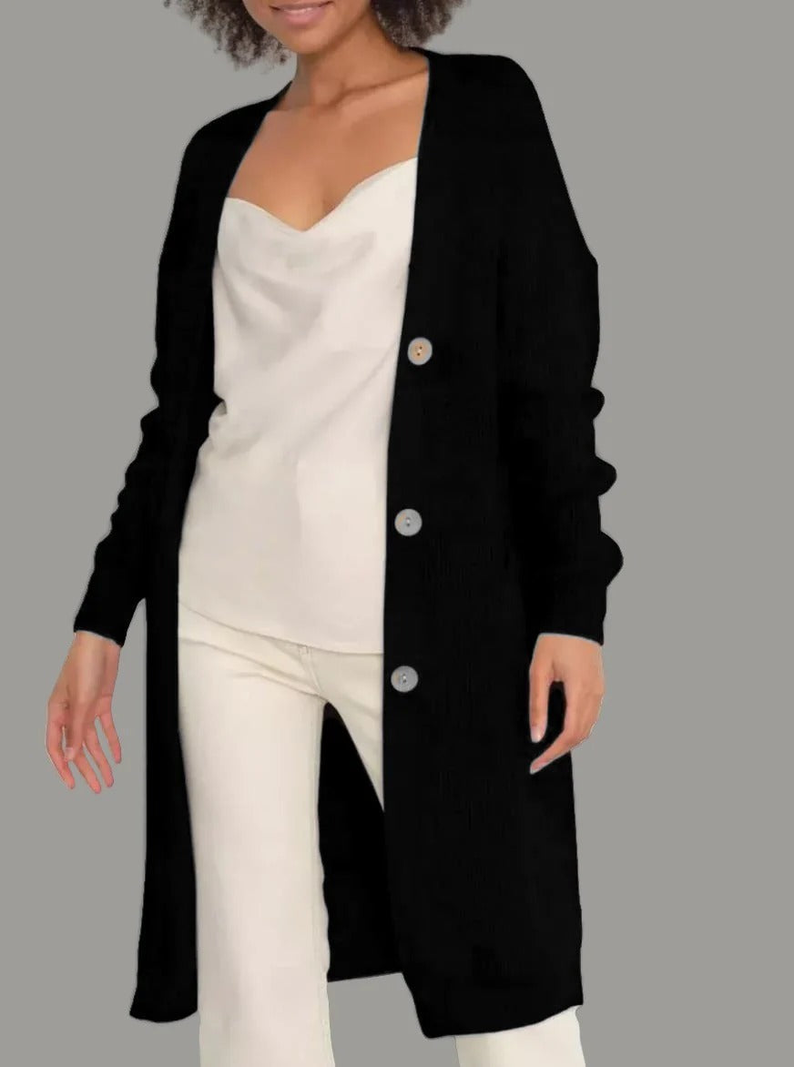 Drune | Lange Strickjacke Weiches Strick Lockerer Schnitt Knöpfe mit Taschen