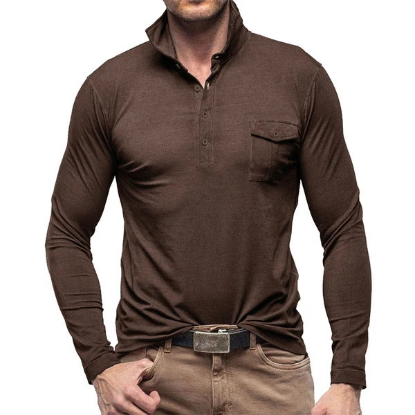 Drune | Henley Pique Shirt Slim Fit Lange Ärmel Baumwolle Brusttasche Stehkragen