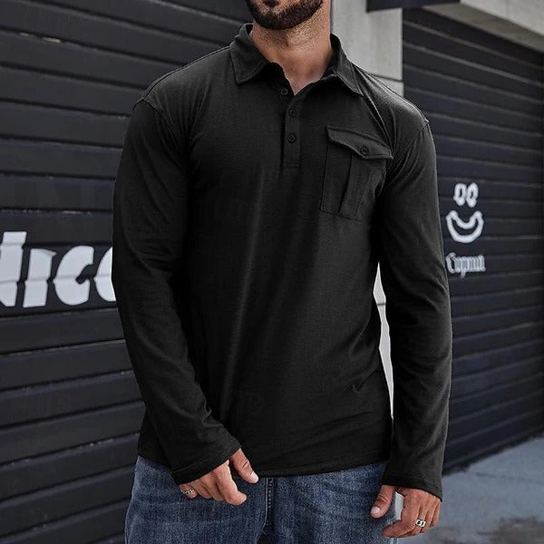 Drune | Henley Pique Shirt Slim Fit Lange Ärmel Baumwolle Brusttasche Stehkragen