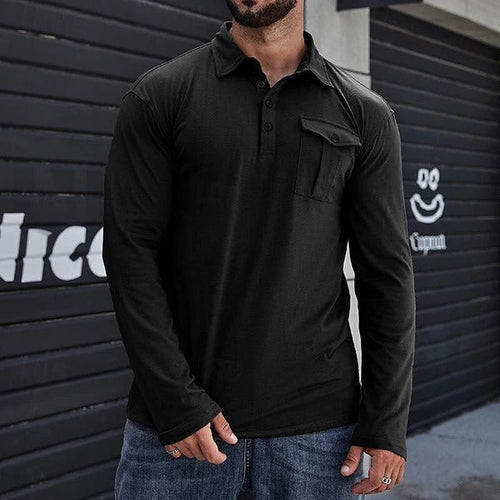 Drune | Henley Pique Shirt Slim Fit Lange Ärmel Baumwolle Brusttasche Stehkragen