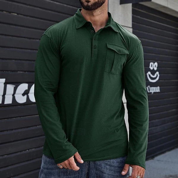 Drune | Henley Pique Shirt Slim Fit Lange Ärmel Baumwolle Brusttasche Stehkragen