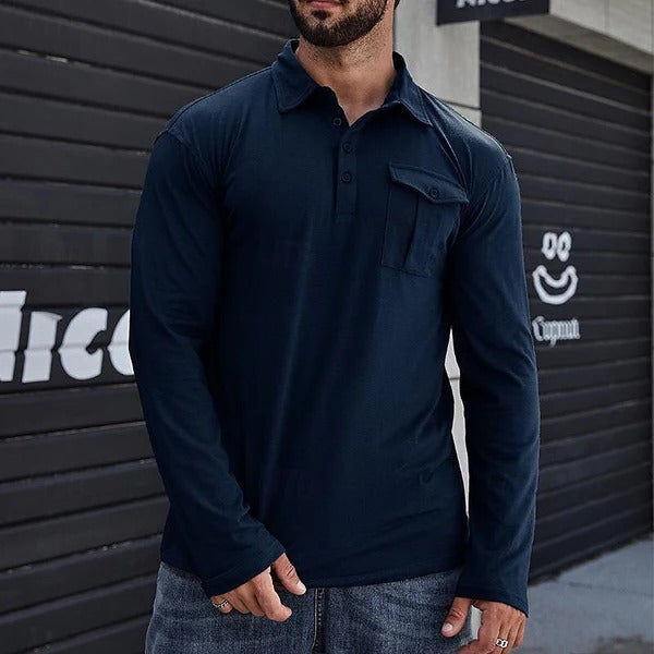 Drune | Henley Pique Shirt Slim Fit Lange Ärmel Baumwolle Brusttasche Stehkragen