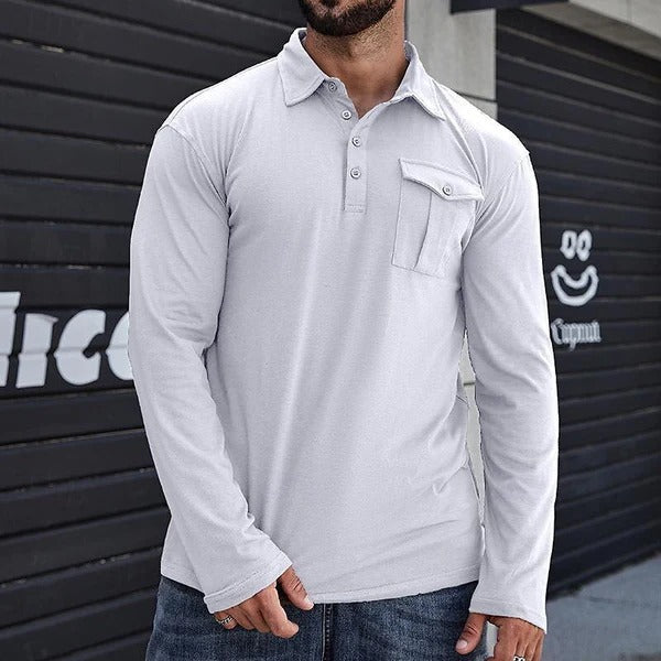 Drune | Henley Pique Shirt Slim Fit Lange Ärmel Baumwolle Brusttasche Stehkragen