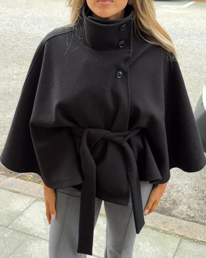 Drune | Hochkragen Gürteltaschen Cape Jacke Knopf Umhängemantel