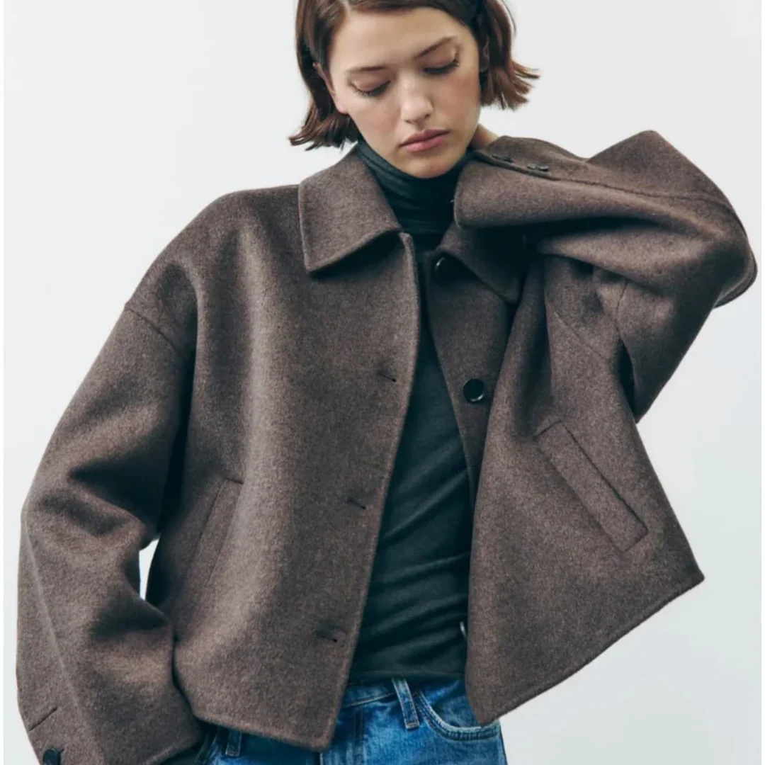 Drune | Cropped Wollmischung Jacke Minimalistische Knopf Down Oberbekleidung