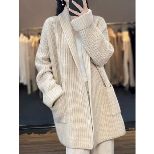 Drune | Strickjacke Übergröße Passform Grobstrick Schal Kragen Langes Modell mit Taschen