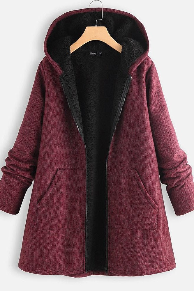 Drune | Mantel mit Kapuze - Oversized Fit - Fleece-Futter - Reißverschluss - Mittellang Casual